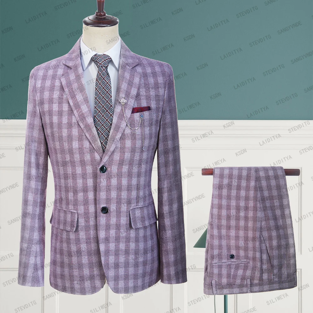 

2023 Men's Suit Linen Fashion Boutique Red White Plaid Casual Business Male Groom Wedding Tuxedo Dress 2 Pcs Set Jacket Pants