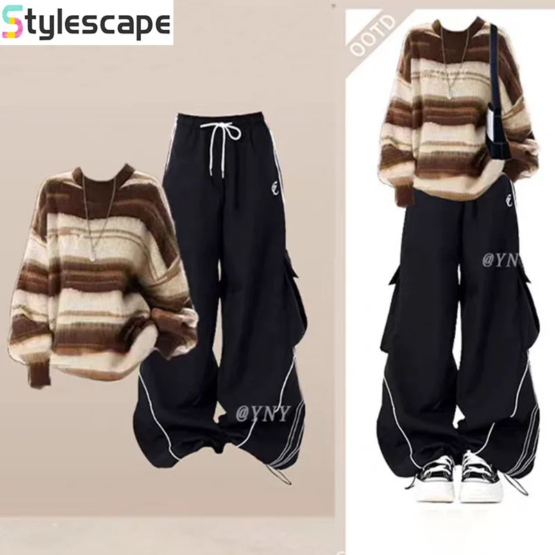 

Striped Sweater Wide Leg Pants Set for Women in Autumn and Winter, a Set of High-end Soft and Soft Sports Style Two-piece Set