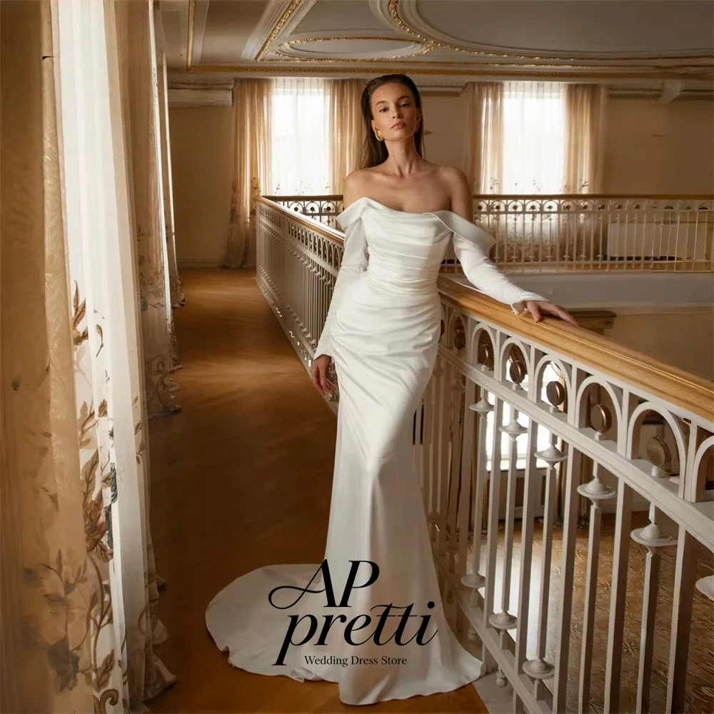 AP pretti Customized Off The Shoulder Long Sleeve Elegant Wedding Dresses For Woman Ruched Satin Mermaid Trumpet Bridal Gown