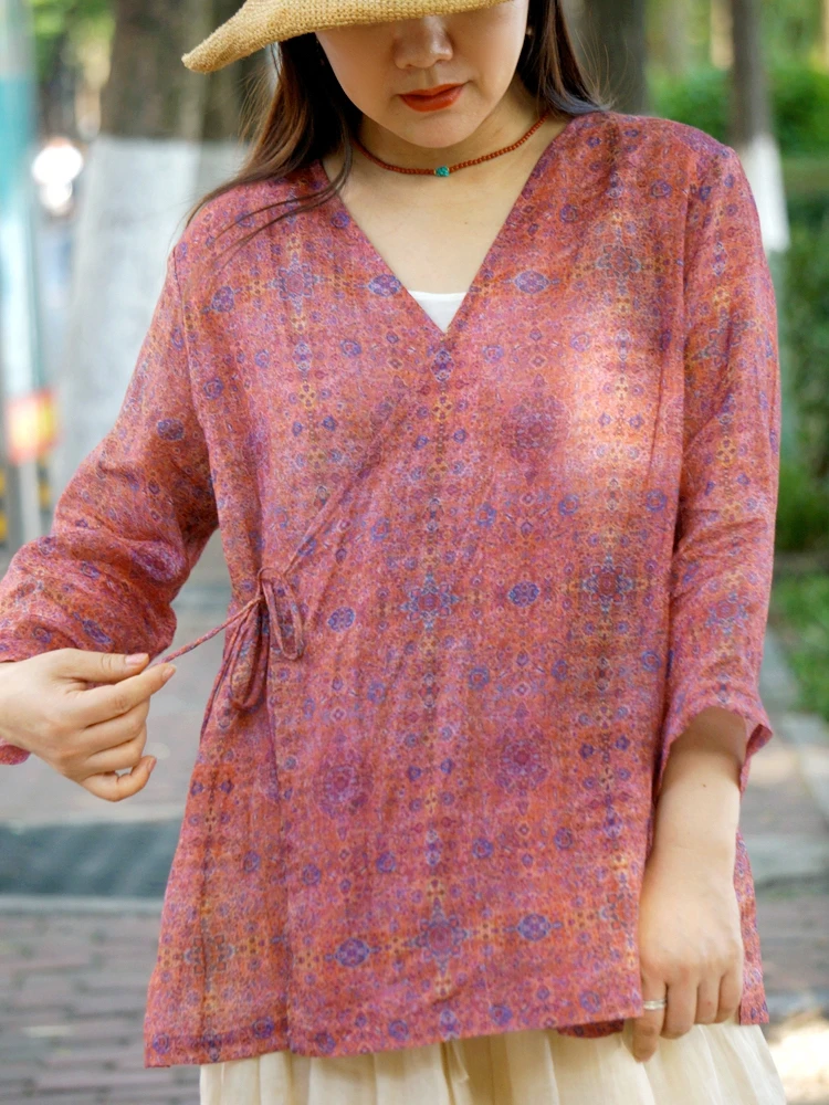 

Red Lotus Original Design Women's Summer Lightweight Printed Hanfu Sunshade Shirt Loose Fit V-Neck Long Sleeve Cotton Blend