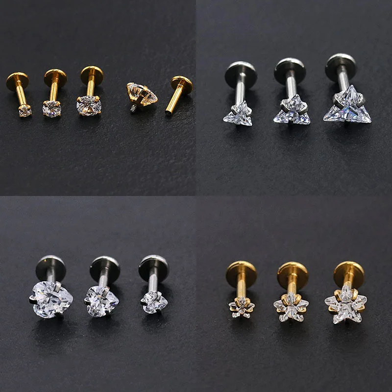 1pc Stainless Steel Zircons Women Stud Earrings Titanium Piercing Jewelry With Inner Tooth Thread Lip Nail