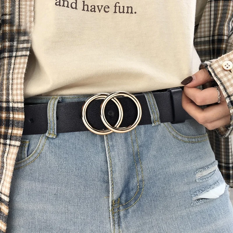 Women Reversible Leather Belt 2 in 1 Rotated 2 Rings Gold Buckle 2.8cm Wide Suitable for Pairing with Various Pants High Quality