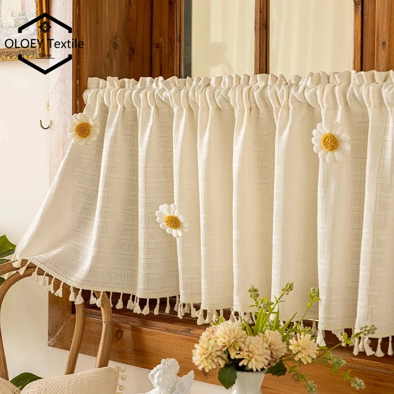 

Functional Japanese Voile Curtains for Kitchen Short Partition Balcony Door Half Curtain No Drill Hook and Loop Dust Proof Drape