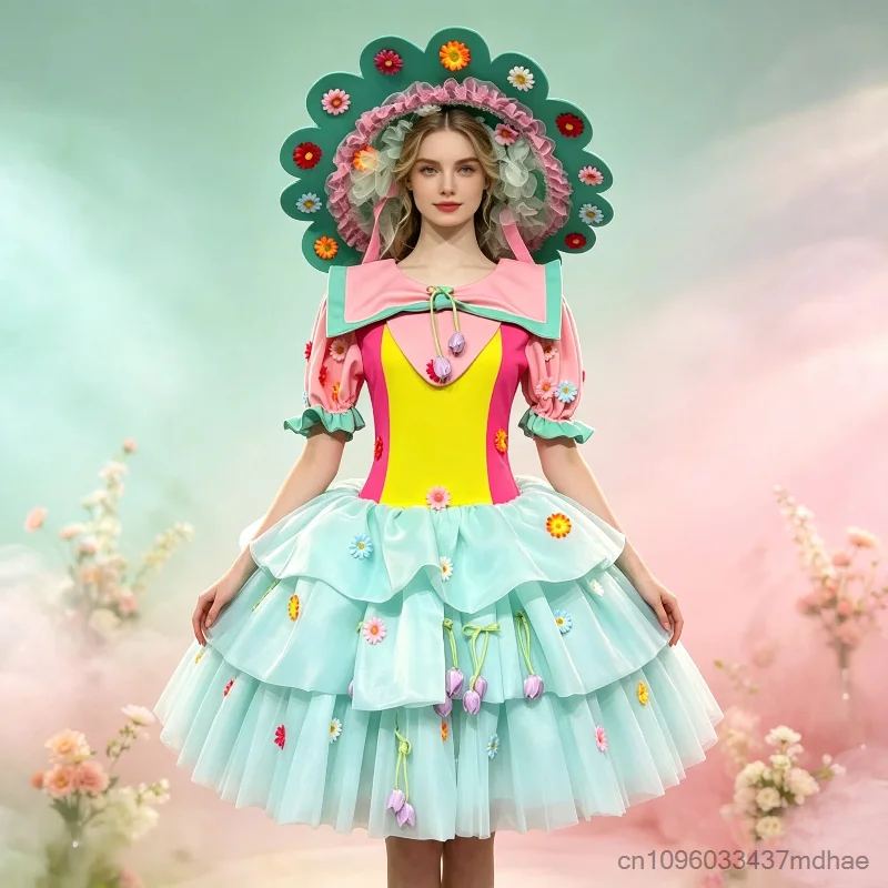 Women Flower Princess Cosplay Costume Cute Tutu Dress with Floral Hat Carnival Party Outfit Prom Stage Performance Fancy Dress