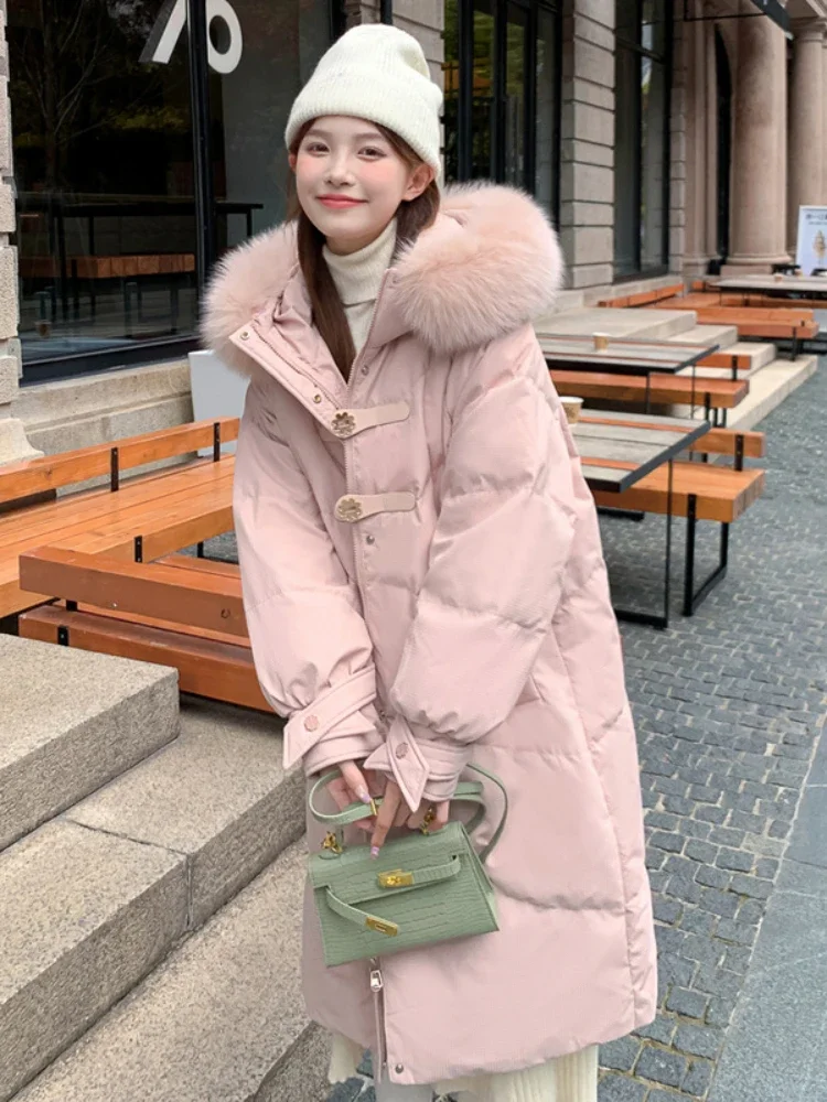 

Fat Plus Size Down Jacket Female New Winter Mid-length White Duck Down Hooded Fox Fur Collar Solid Color Over-the-knee Coat