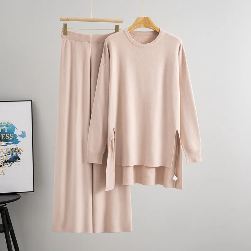 

Мусульманский женский комплект из двух предметов, вязаный костюм, пуловер, длинный свитер, вязаные широкие брюки, повседневный трикотаж, осень-зима 2024, осень-зима