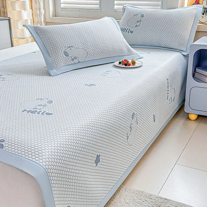 Ice Bean Summer Sleeping Mat Set Cartoon Jacquard Cooling Flat Sheet Sets for Hot Flashes Skin-Friendly Naked Sleep Home Textile