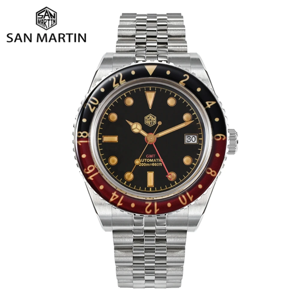 

San Martin Retro 40mm Bidirectional Sapphire Crystal Bezel Men NH34 GMT Diver's Watch 20Bar C3 Green Luminous SN0005B-3