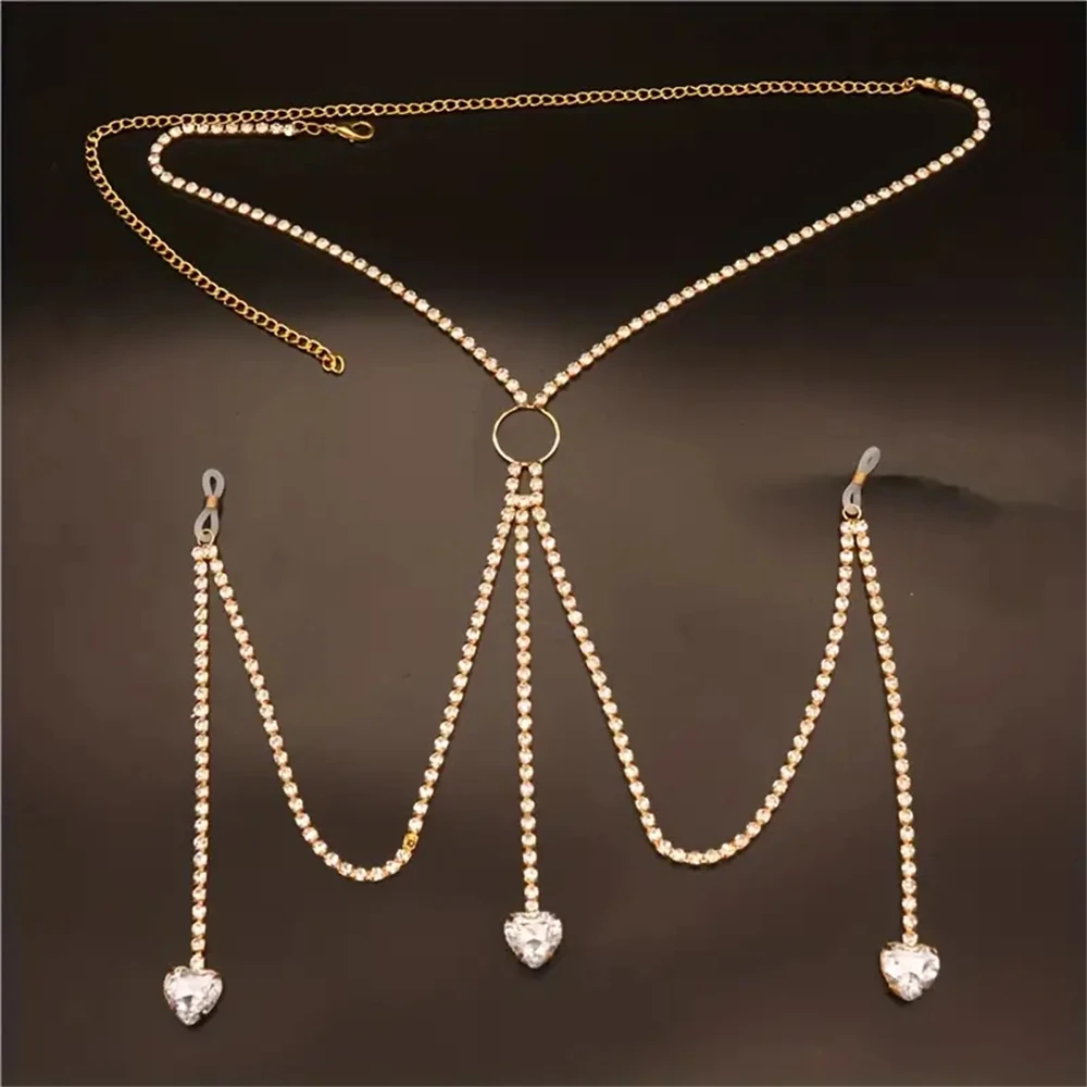 Shiny M-shaped Water Drop Heart Pendant Body Chain Accessories Beach Sexy Bra Chain Underwear Accessories