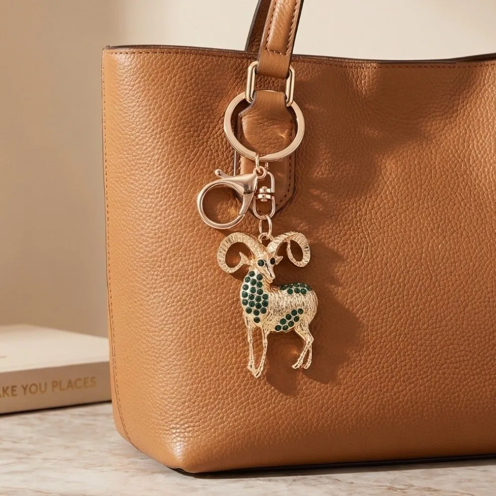Festive Rhinestone Goat Keychain Sparkling Gold 2027 Sheep Year Bag Pendant Cartoon Metal Zodiac Sheep Keychain Friend