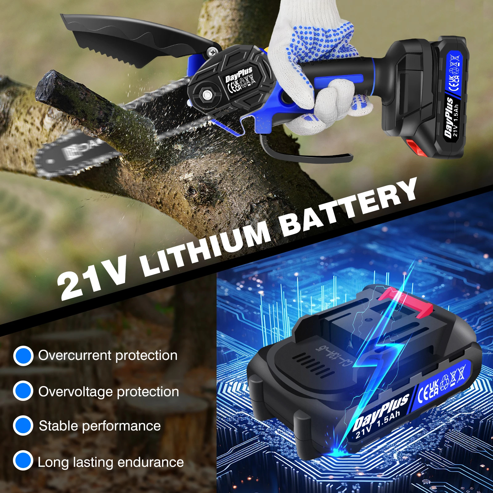 Mini-Kettensäge, 15,2 cm, tragbare elektrische Akku-Kettensäge für Äste, Hof und Garten mit 1,5 Ah-Akku – Detail 2