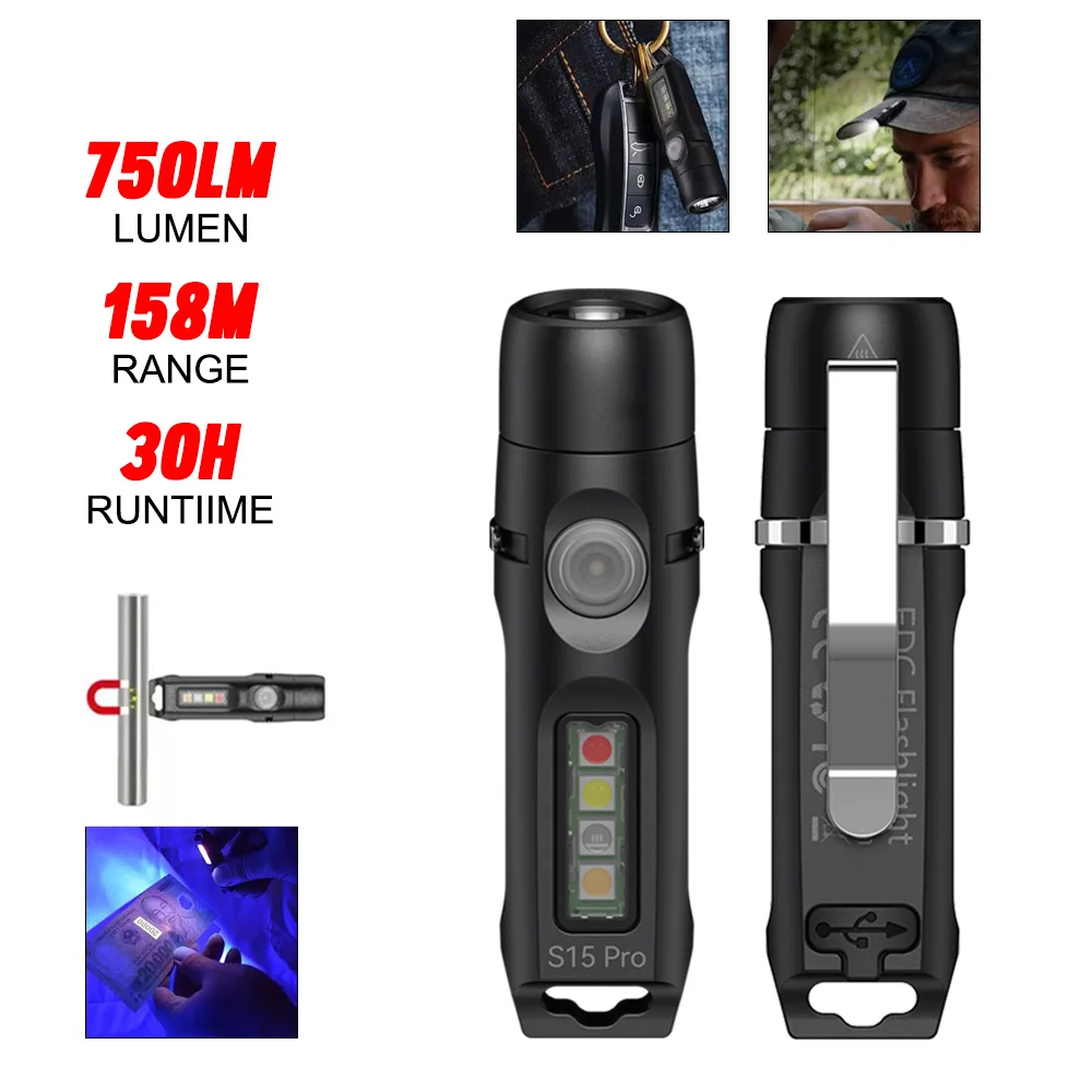 Linterna llavero S15Pro de alto lúmenes, linterna de bolsillo EDC de 750 lúmenes con Clip, minilinterna recargable USB C con imán