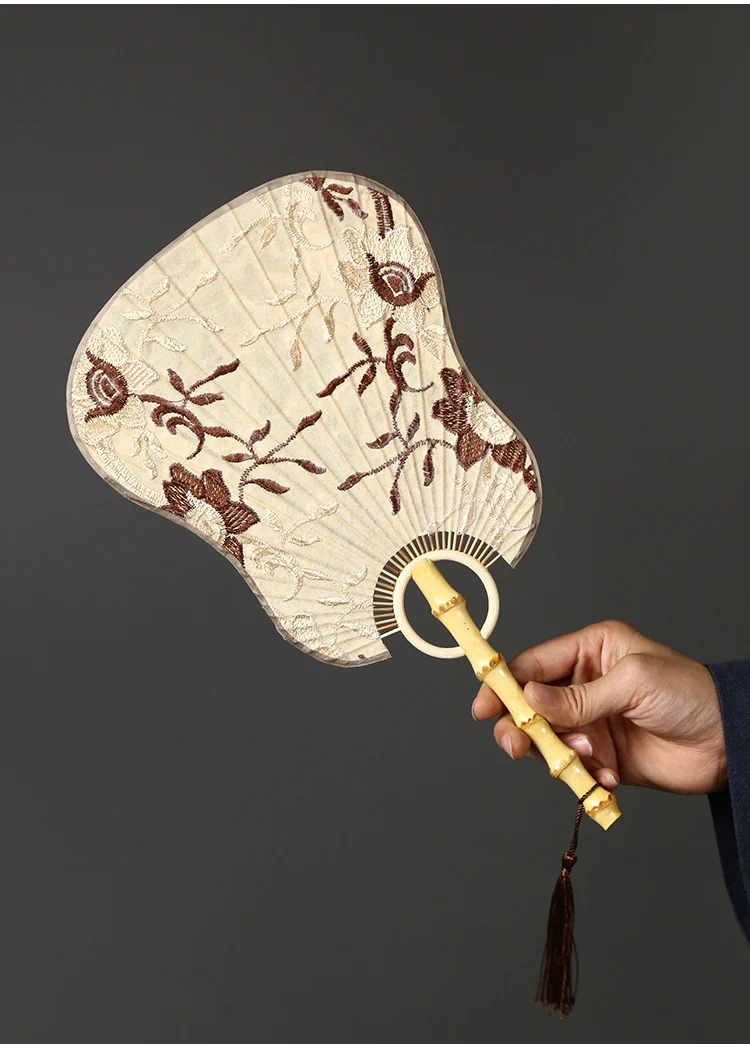 Banana Embroidered Chinese Cloth Hand Fans with Handles for Women, Costume, Dance Decoration, Accessories