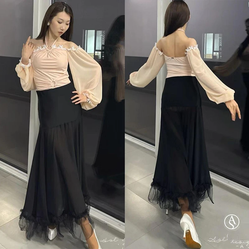 ห้องบอลรูมเต้นรําเสื้อผ้าผู้หญิงฝึกเสื้อสีดําเต้นรําบอลรูมกระโปรงผู้ใหญ่ Waltz เครื่องแต่งกายเต้นรําละติน BL14295