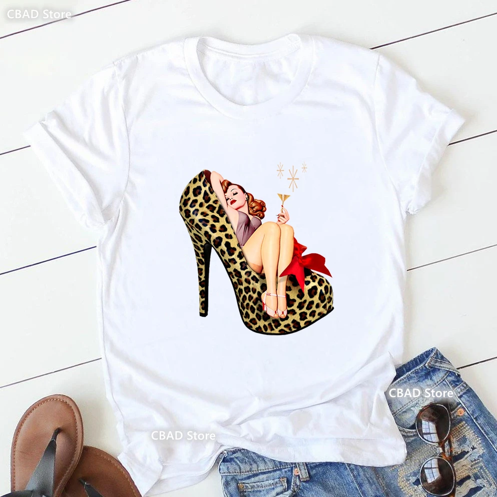 Fashion Girl Print T Shirt Women Leopard High Shoes Tshirt Femme Summer Short Sleeve T-Shirt Female Harajuku Shirt Streetwear