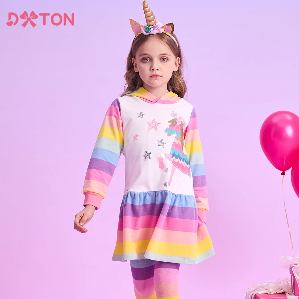 

DXTON Children Hooded Girls Dresses Toddlers Daily Hoodies Dress Unicorn Appliqued Autumn Winter Kids Girls Vacation Clothing