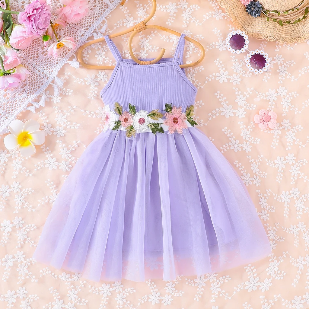 Dress For Kids 2-7 Years old Birthday Fashion Cute Floral Belt Tulle Suspender Princess Casual Dresses For Baby Girl