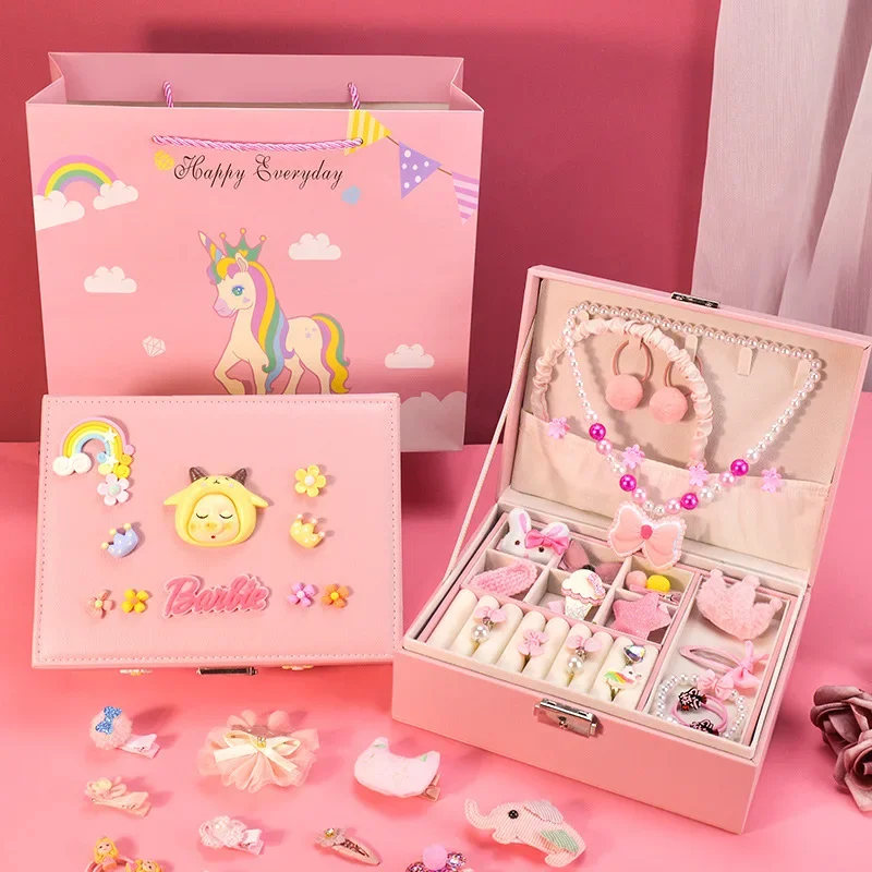 ชุดสีชมพูเด็กเล่น House ของเล่นจําลอง Double-deck เครื่องประดับ Dresser กล่องสร้อยข้อมือสร้อยคอ DIY อุปกรณ์เสริมผมของขวัญ
