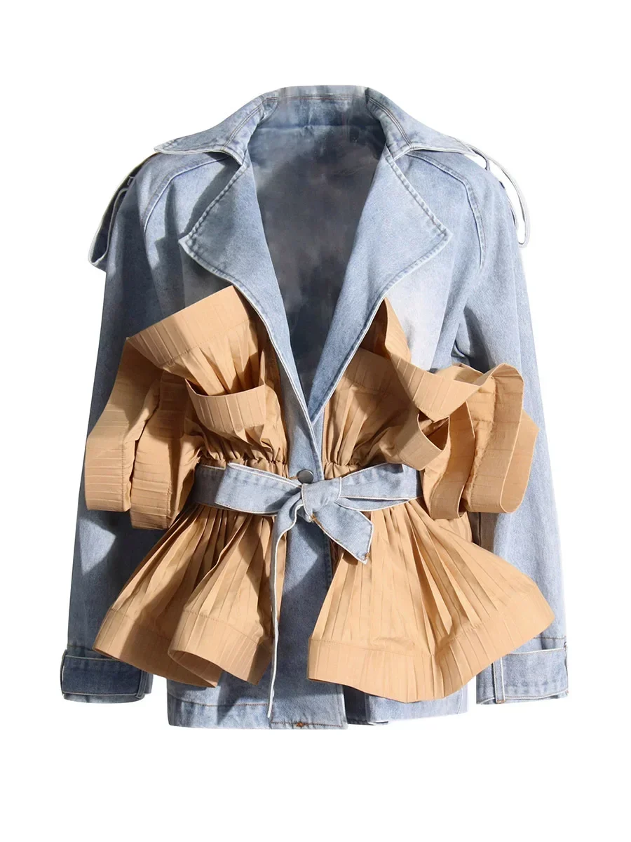 Women Denim Jacket 2024 Autumn Winter Color Matching Ruffles Lace Up Denim Coat For Women All Match Fashion Jean Tops