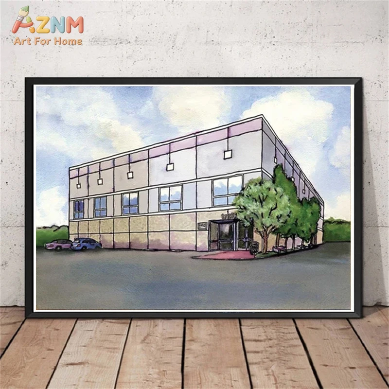 AZNM Watercolor Modern Commercial Building Landscape Canvas Wall Art, Minimal Architecture Street Scenery Aesthetic Home Decor U