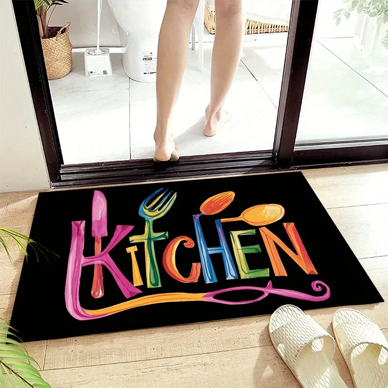 Colorful Kitchen Doormat, Fun Cooking Utensil Floor Rug, Non-Slip Welcome Mat for Entryway Home Decor Gift