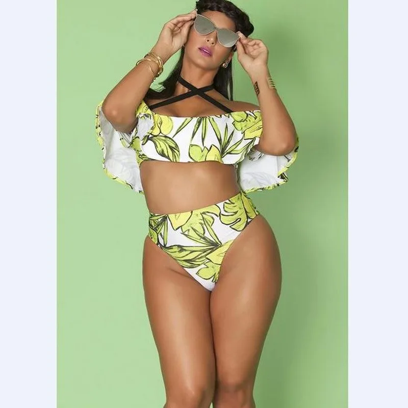 New Sexy Off The Shoulder Print costumi da bagno donna Plus Size costume da bagno femminile Ruffle Monokini Swim vita alta