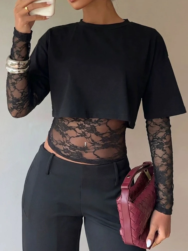 Patchwork Lace Patch T-Shirt Solid Color Mesh Transparent Slim-Fit Crop Top Long Sleeve Fake Two T-shirts Party  Women Clothing