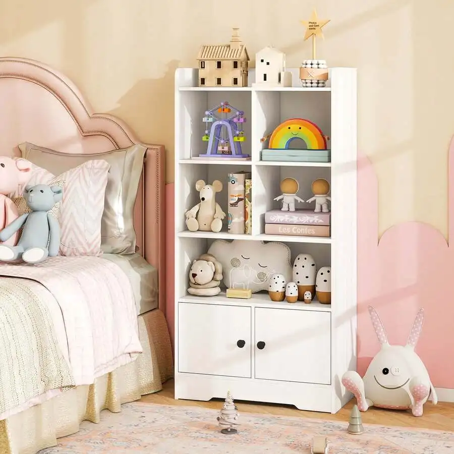 4-Tier Bookshelf With 2-Door Storage Cabinet And 4 Cubes Display Shelf For Home Office