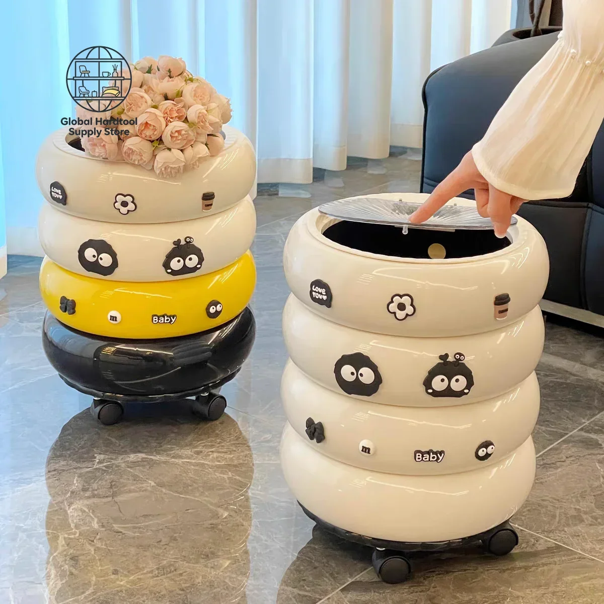 12L Doughnut Shape Wastebasket with Lid Wheel Recycle Bin Bedroom Living Room Kitchen Garbage Cube Cream Wind Cute Trash Can
