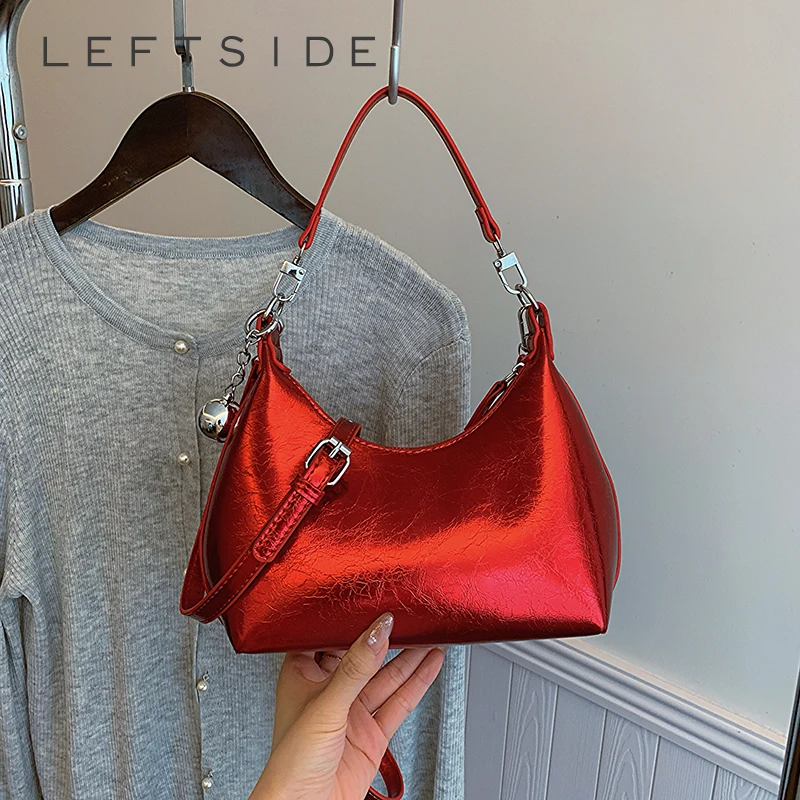 LEFTSIDE Small PU Leather Shoulder Bag For Women 2024 New Trend Korean Fashion Y2K Trend Handbags Females Red Gold Crossbody Bag