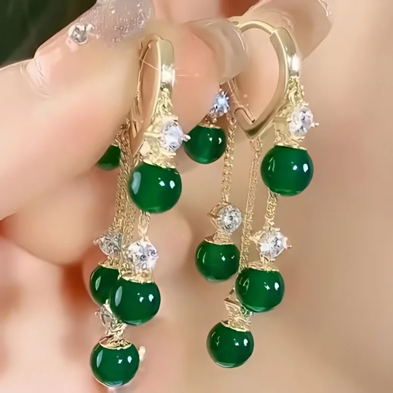 Accessories for Women Emerald Cat Eye Stone Tassel Earrings for Women Wedding Party Anniversary Gift Jewelry Pendientes Mujer