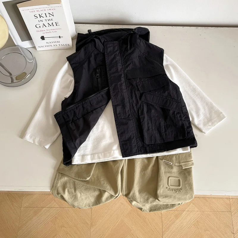 

Hooded Work Vest Spring New Fashionable Comfortable Solid All-matching Cool Personality Boys Grils Children Loose Casual