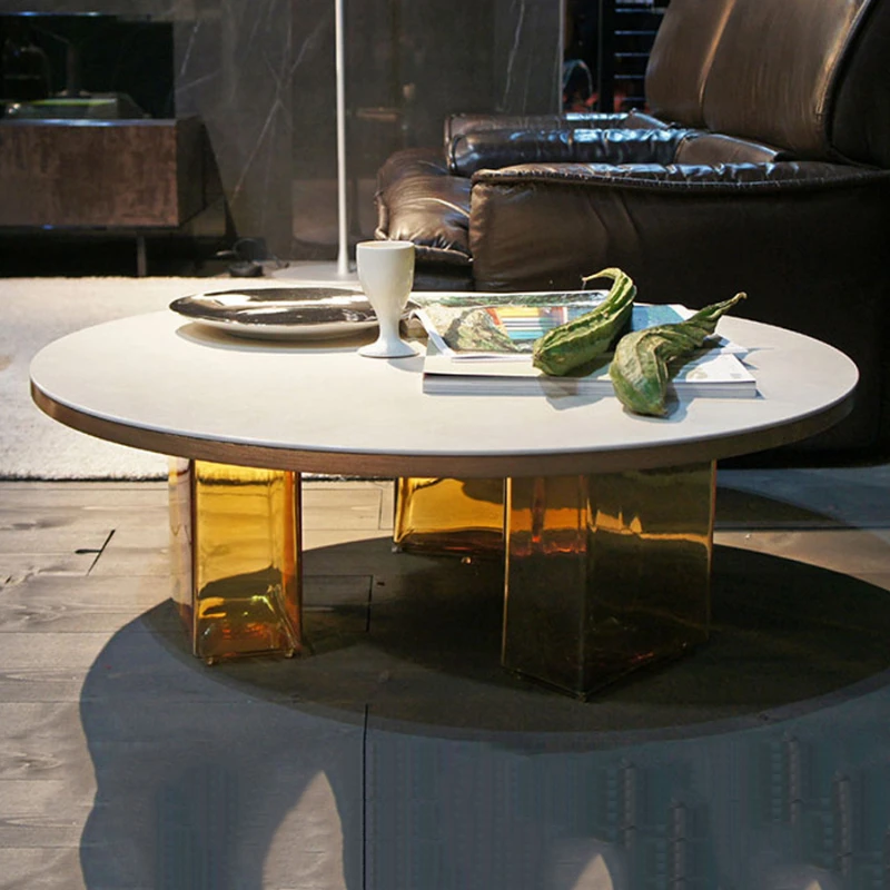 Modern Light Luxury round Glass Tea Table Rose Gold Rectangular Marbling Ice Ice Cube Tea Table