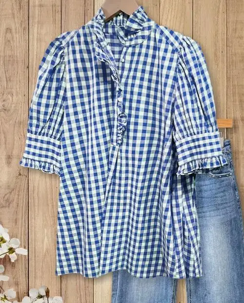 

Summer Hot Selling New Women's Fashionable Versatile Plaid Ruffled Short Sleeved Top