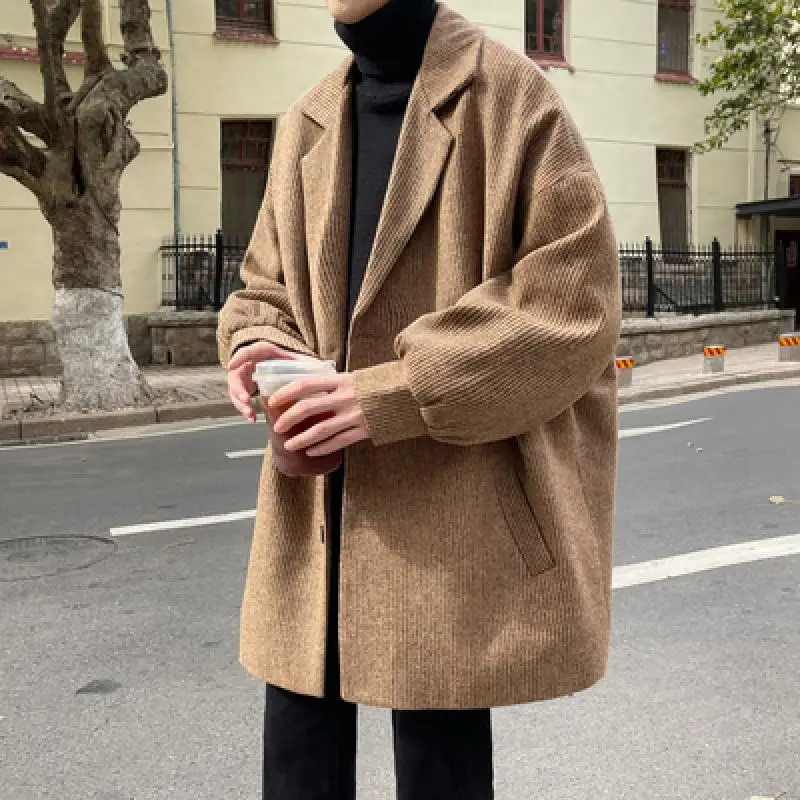 

Autumn Winter Woolen Coat Nice Pop Men's Jacket Youth Students Loose Thick Cotton Coat Mid-Long Windbreaker Trench Woolen Coat