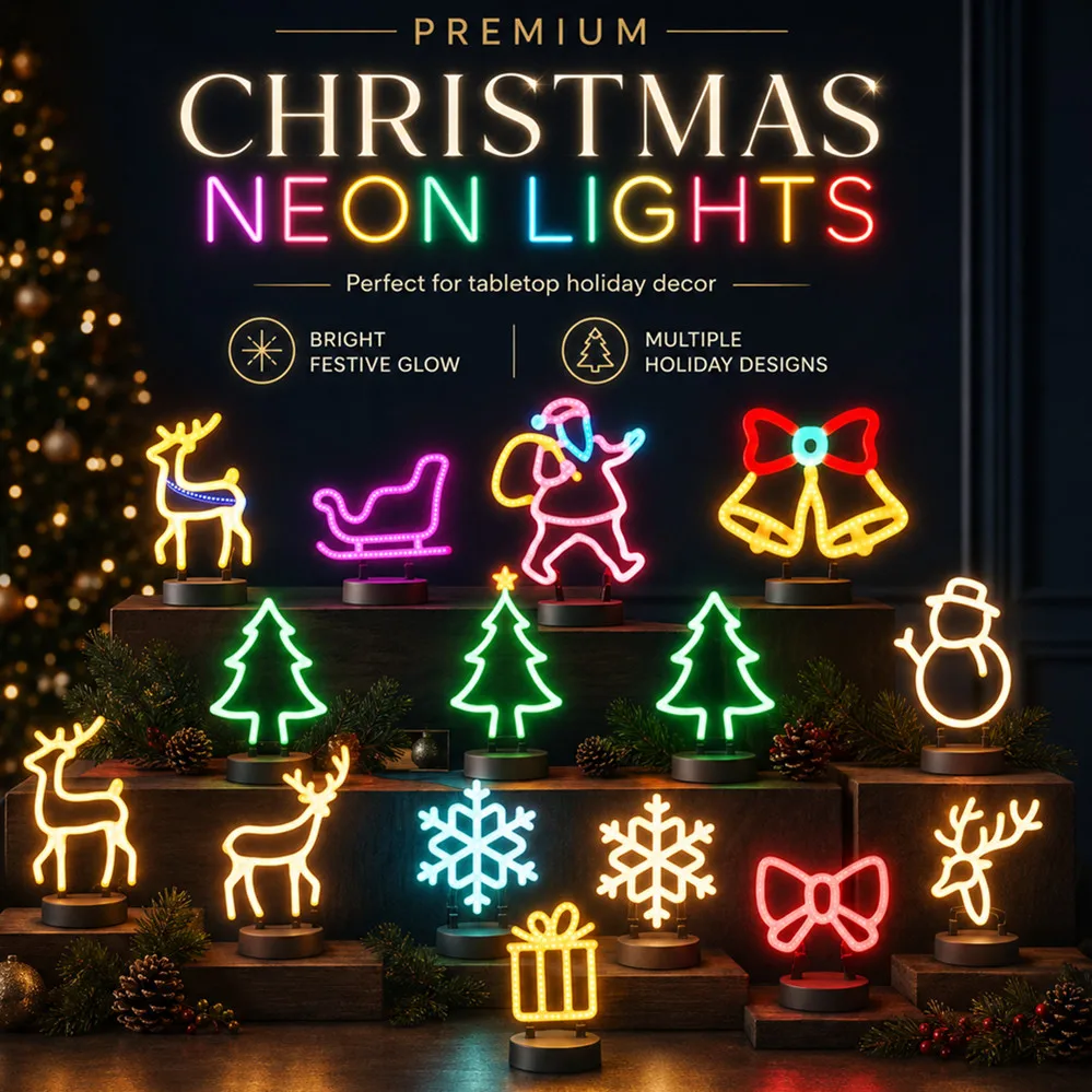 Christmas Decoration LED Neon Sign Light Deer Head LED Lamp Christmas Hat Elk Tree Snowflake Decor Room Wall Shop Window Hang