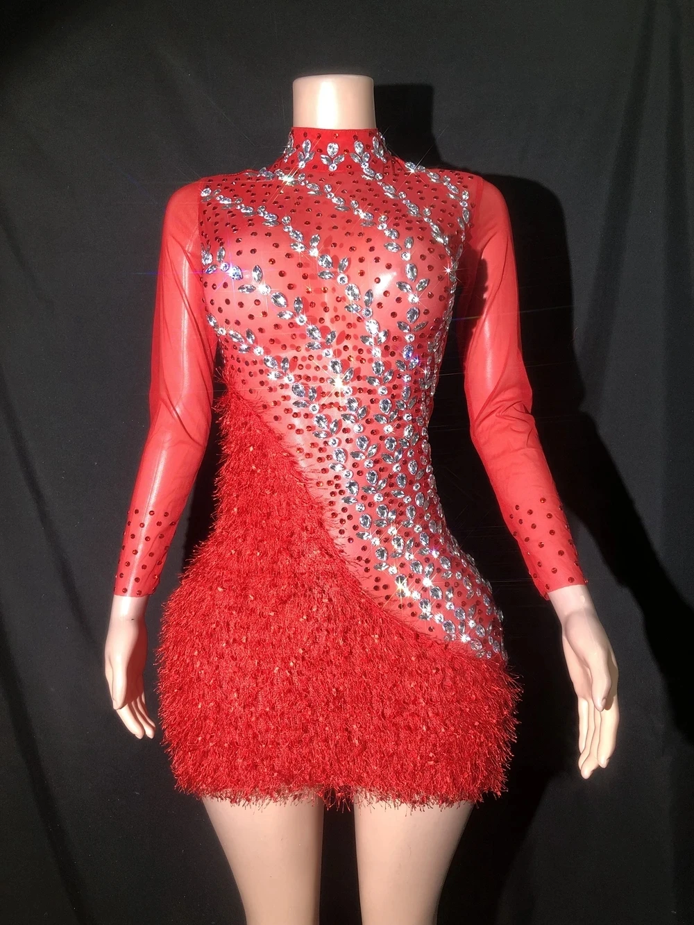 

Sparkly Rhinestones Red Mesh Short Dress for Women Sexy Evening Celebrate Birthday Dress Club Outfit Show Stage Wear Photoshoot