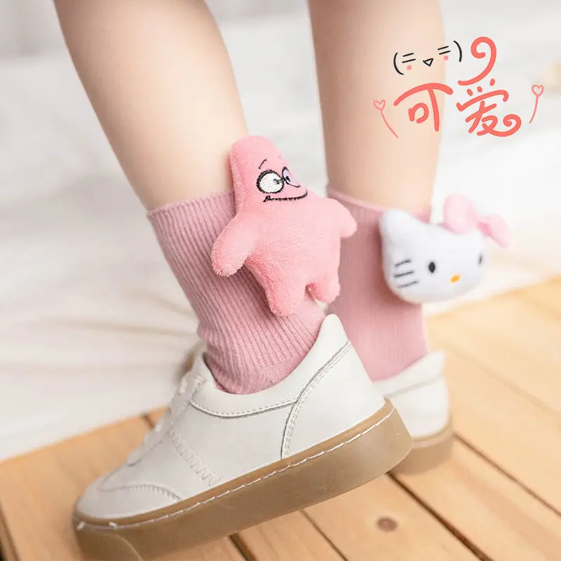 Anime Sanrios Hellokittys Cinnamoroll Pochacco Kids Socks Cartoon Casual Breathable Three-Dimensional Doll Mid-Calf Girls Socks