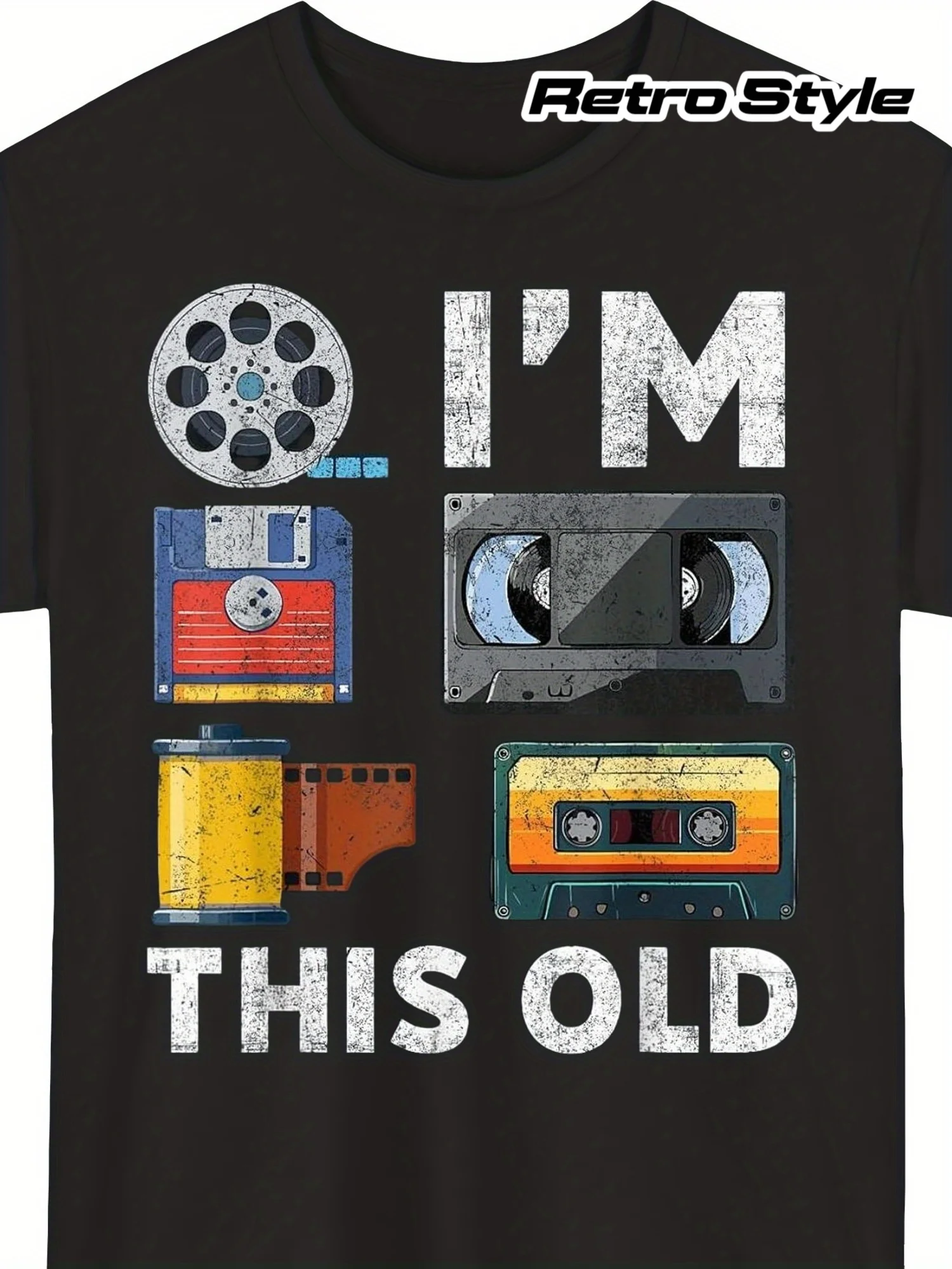 Plus-Size Retro Nostalgic Media Technology T-Shirt - Vintage Cassette VHS Floppy Disk Print Short-Sleeve Round Neck Shirt - Digital Heat Transfer Casual Top, Suitable for Tech Exhibitions and Everyday Wear., for Teenager, for Teenager