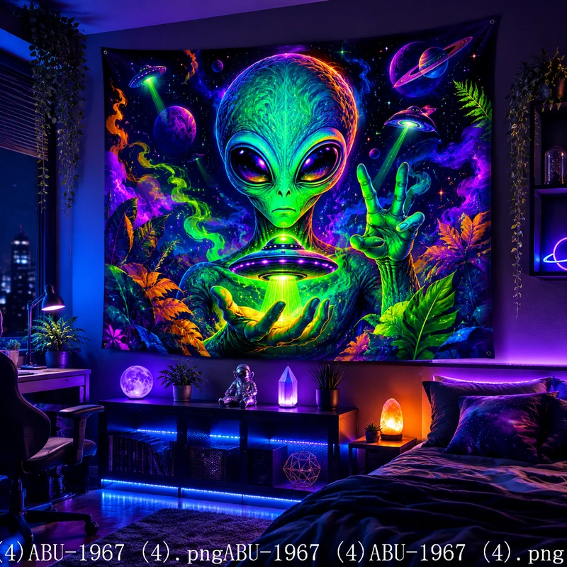 VIKAMA Trippy Peace Hand Alien UFO Tapestry Tropical Jungle Color Galaxy Planet Art Wall Hanging Gaming Bedroom Dorm Decor Cloth