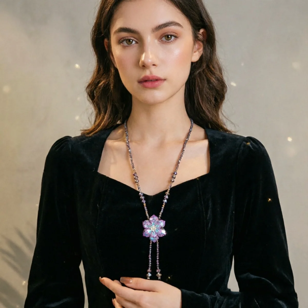 Glänzende lila Kristallblumen-Pulloverkette für Damen und Herren, Vintage-Halskette mit Kordelzug, Perlen, Y-förmiger Quasten-Blumen-Choker-Schmuck – Detail 17