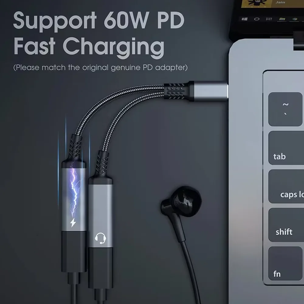 2-in-1 USB-C to 3.5mm Headphone Jack Adapter with PD Charging Audio Aux & Type-C Fast Charge for iPad Pro Samsung S22 Huawei