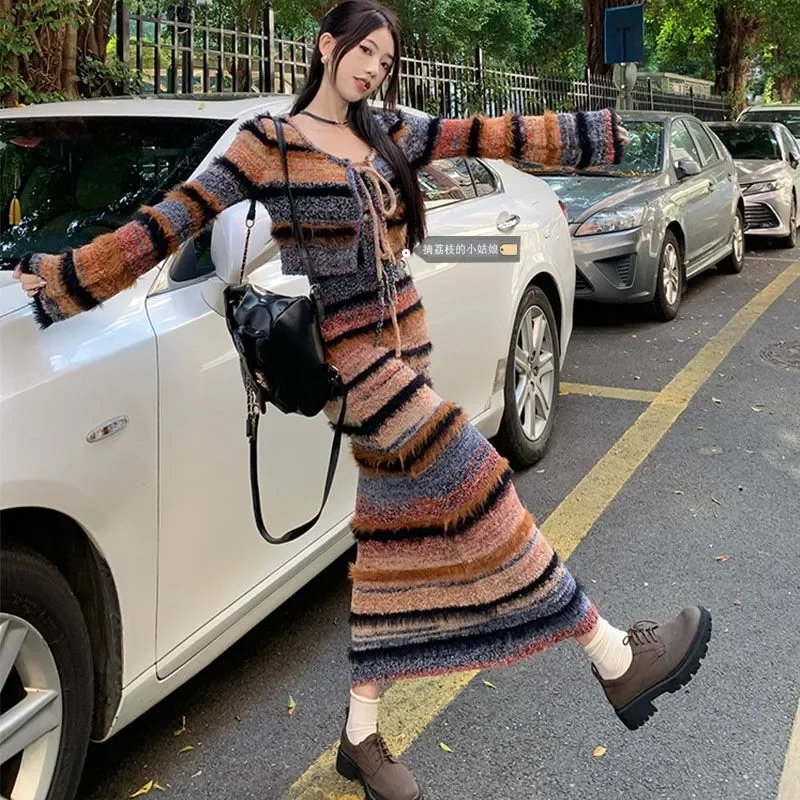 Vintage Contrast Color Striped Knitted Suit Women's Spring and Autumn Sweater Cardigan Slim-fit Sling Dress Two-piece Set