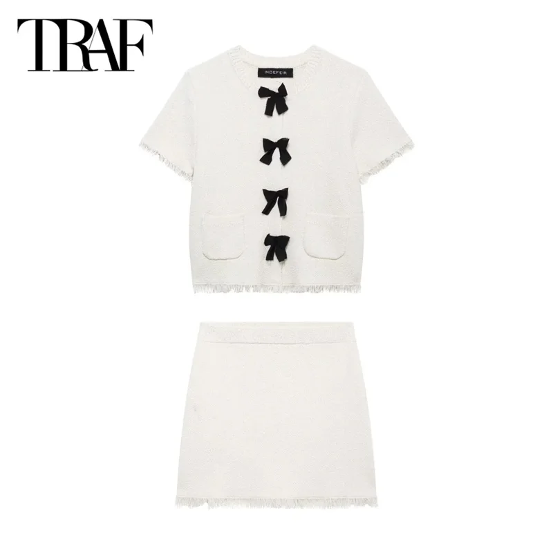 

TRAF Bow Skirt 2 Pieces Set 2025 Women's Elegant Knitted Short Cardigan Mini Skirts Fashion Casual Party Skirt Set Outfit