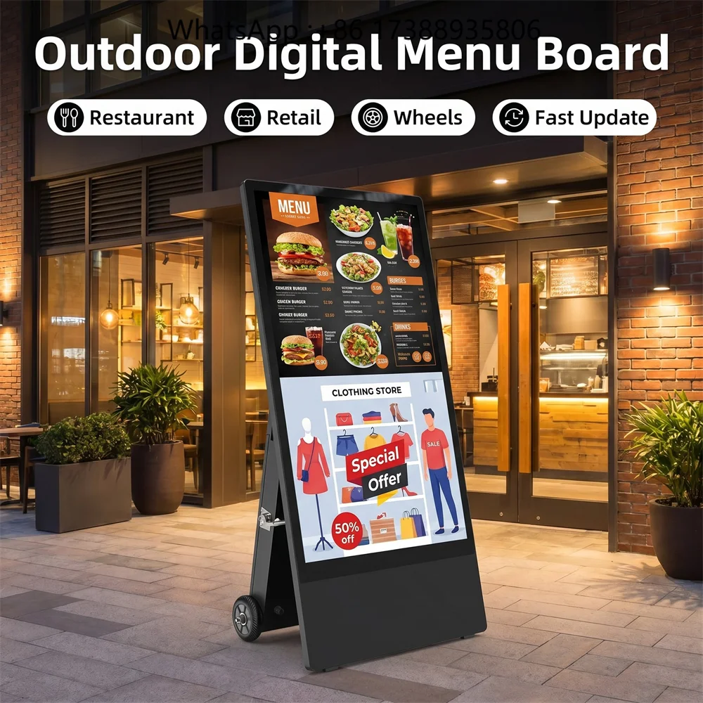 Portable Outdoor Digital Menu Board LCD Advertising Display with Wheels Animation & Wayfinding for Restaurant Retail Storefront