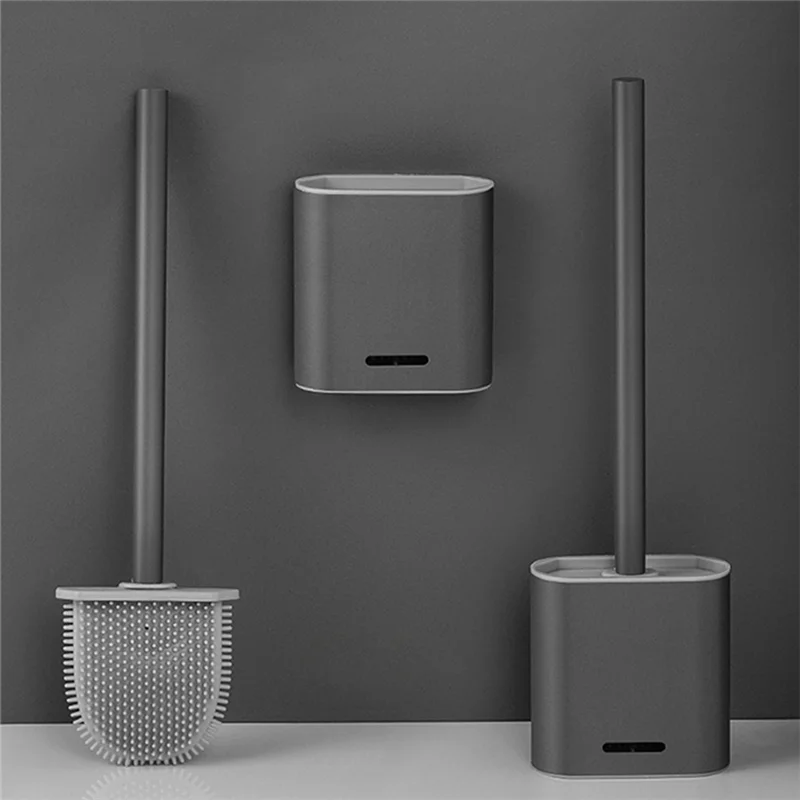 Premium Silicone Toilet Brush - Grey - Toilet Brush Holder with Wall Mounting & Turbo Drying