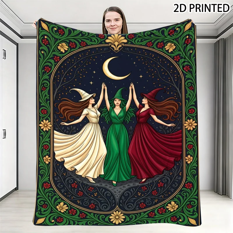 Halloween Witch Dance Print Throw Blanket, Floral Vine & Starry Night Moon Decorative Blanket, Soft Cozy Fall Decor Cover with M
