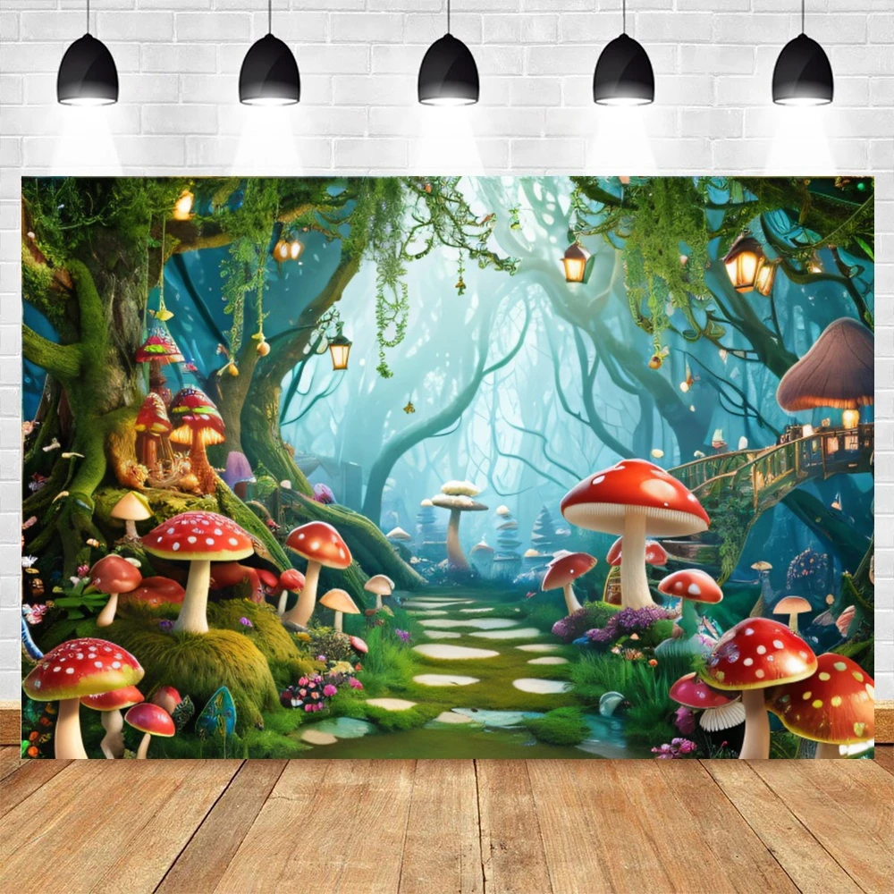 Enchanted Forest Wonderland Backdrop Fairy Tale Dreamy Jungle Mushroom Baby Portrait Photography Background Decor Photo Studio