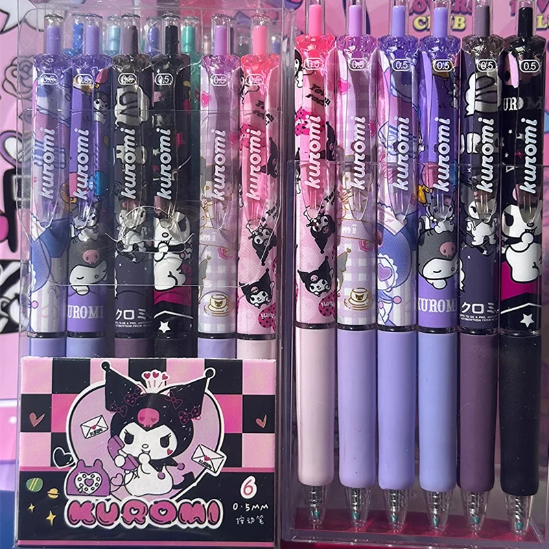 Sanrio-Bolígrafo de Gel de Hello Kitty, 6 piezas, 0,5mm, tinta negra, neutro, suministros de oficina y escuela para estudiantes, regalo de papelería