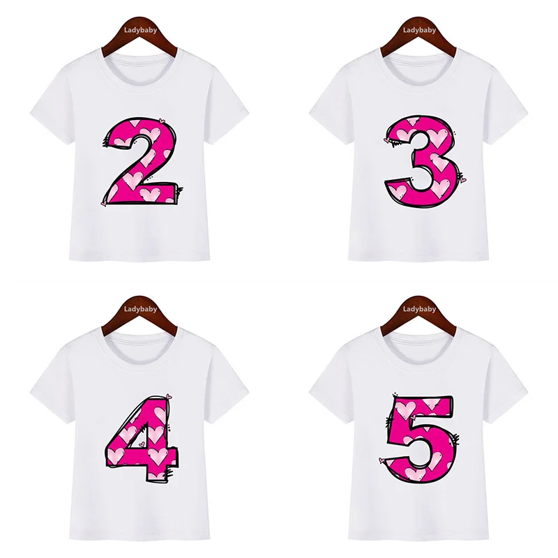 Pink Heart Number Bow Happy Birthday Kids T shirt 1 2 3 4 5 6 7 8 9 Years Girls Clothes Summer Short Sleeve Baby Boys T-Shirts